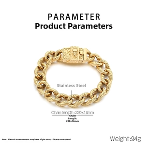 Detail view of gold stainless steel Cuban bracelet with floral patterns and skull buckle