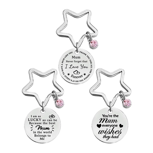 Stainless Steel Keychain With Star Ring Round Pendant Pink Rhinestone Engraved For Mom Mother's Day Gift Fashion Jewelry