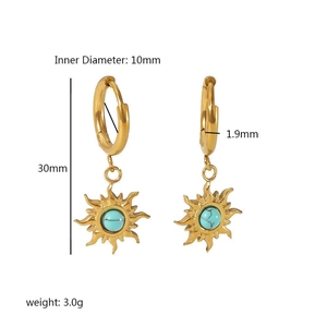 Boucles d'oreilles soleil vintage en acier doré 18K avec pierre turquoise et dimensions