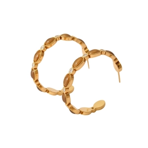 Boucles d'oreilles créoles en C plaquées or 18k avec pierres brunes et strass