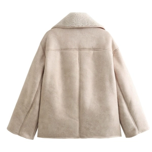 Back view of beige faux suede jacket with warm fleece collar and textured finish