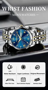 Macro detail of men's luxury steel watch featuring a blue dial and dual calendar display