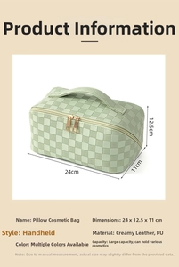 Detailed view of mint green checkered pillow cosmetic bag with 24x12.5x11cm dimensions