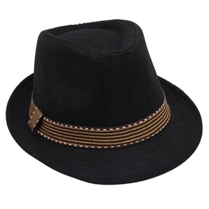Detail of black straw fedora showing woven texture and striped decorative ribbon band