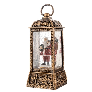 Vintage bronze Christmas snow globe lantern with Santa Claus figurine and swirling glitter