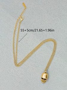 Gold skull pendant necklace with adjustable double layer flat curb chain, 55cm length