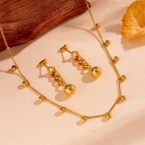 Stainless Steel Jewelry Gold Plated Bead Ball Pendant Chain Necklace And Tassel Earrings For Women Retro Minimalist