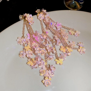 Detail of pink and purple gradient sequin flower earrings with elegant long bead tassels