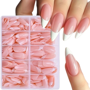 Pink and white French tip almond shaped press-on nails in a professional box set