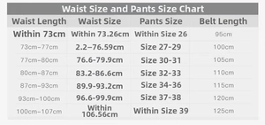 Size chart showing belt length and waist measurements for thin PU leather belts
