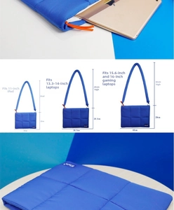 Size chart for blue quilted laptop bag showing dimensions for 11, 13, and 15 inch devices