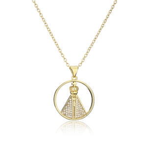 Religious pendant necklace with gold plated crown figure and zircon inlay on white base