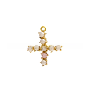 Detailed view of cross pendant with white and pink pearls in gold plated metal finish
