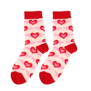 Detailed close-up of pink cotton blend socks with red heart and cloud patterns