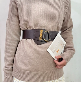 Close-up of wide dark brown elastic waist belt with elegant gold alloy buckle on a knit sweater