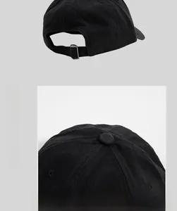 Detail of black cotton baseball cap showing adjustable metal buckle and stitching