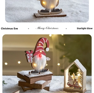 Detail of wooden gnome LED ornament with warm lights and festive star patterns
