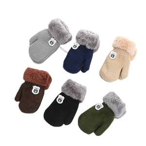 Kids Winter Knitted Mittens Double Layer Fleece Lined Warm Gloves With Neck String Shield Patch For Toddlers Boys Girls
