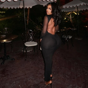 Slim fit black long sleeve dress with high neck mesh and backless design for women
