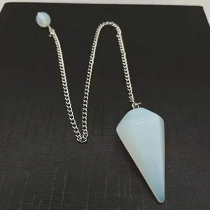 Opalite hexagonal crystal pendulum pendant on a thin metal chain for dowsing and healing