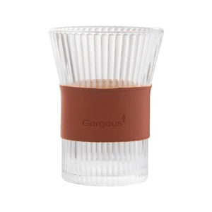 Vertical ribbed glass cup with brown leather heat sleeve and Gorgeous lettering embossed