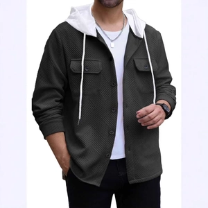 Men's hooded jacket with geometric textured fabric and color-block design in dark grey