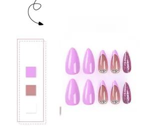 Detail view of 10pcs purple press-on nails with glitter and rhinestone accents