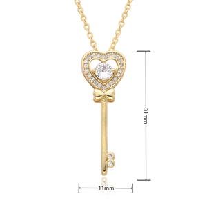 Detailed size chart showing the 18k gold heart key pendant measuring 31mm by 11mm