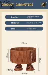 Detailed technical diagram showing dimensions of the brown woven foot-shaped storage basket