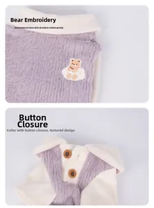 Detail view of purple plush dog clothes featuring bear embroidery and buttoned collar
