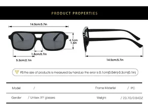 Detailed size chart for square frame PC sunglasses with double bridge design dimensions