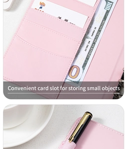Detail of pink leather binder with card slots, large pocket, and elastic pen holder loop