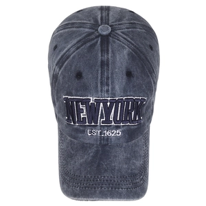 Vintage dark grey washed cotton baseball cap with embroidered New York text on front