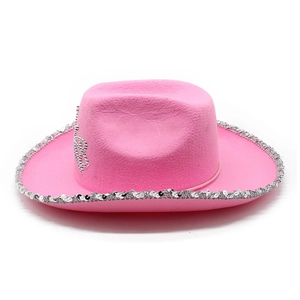 Pink felt cowboy hat with silver sequins and decorative crown pattern on white background