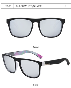 Front and side views of black matte polarized sunglasses with silver mirrored lenses