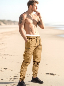 Detail of khaki cargo pants featuring functional side flap pockets and elastic cuffs