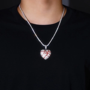 S925 sterling silver heart pendant with red crackle and moissanite stones on tennis chain