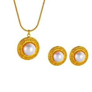 Vintage Stainless Steel Necklace And Round Artificial Pearl Stud Earrings Geometric Texture Gold Plated Elegant Jewelry Accessory For Women