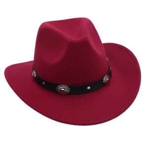 Detail of dark burgundy western cowboy hat with black leather band and silver concho buckle