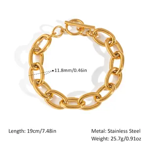 Detail view of 18K gold plated stainless steel chain bracelet with OT toggle clasp specs