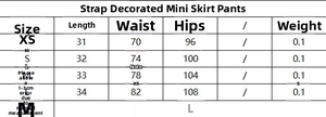 Detailed size chart for striped mini skort including length, waist, and hip measurements