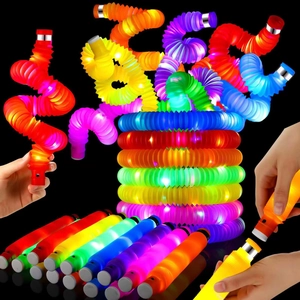 Colorful LED glowing pop tubes in multiple colors, stretchable and flexible sensory toys