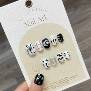 Japanese anime hand-painted press-on nails set with cow print and 3D moon relief