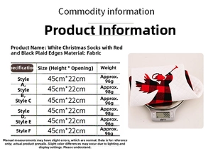 Größentabelle für weiße Weihnachtssocken mit rot-schwarz kariertem Rand, 45x22cm Maße