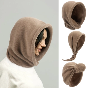 Detailed knit texture of a brown integrated hood scarf and beanie showing multiple angles