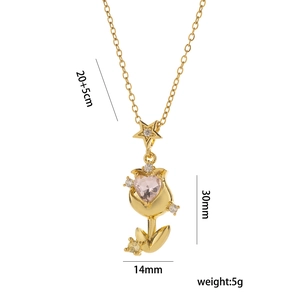 Rose gold tulip heart necklace with pink zircon and diamonds on white background