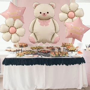 Cream bear balloon set with pink stars and flowers for a happy birthday party