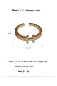 Detailed view of adjustable 14K gold plated ring with micro-pave zircon H letter motif
