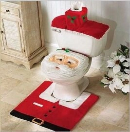 Three-piece Santa Claus toilet set featuring a plush lid cover, tank cover, and U-shaped mat