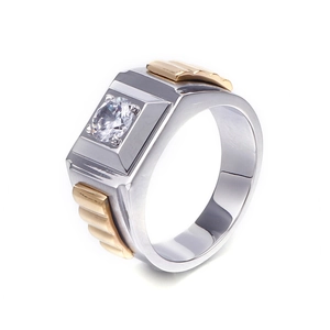 Mens titanium steel ring in silver and gold tone with round cubic zirconia center stone